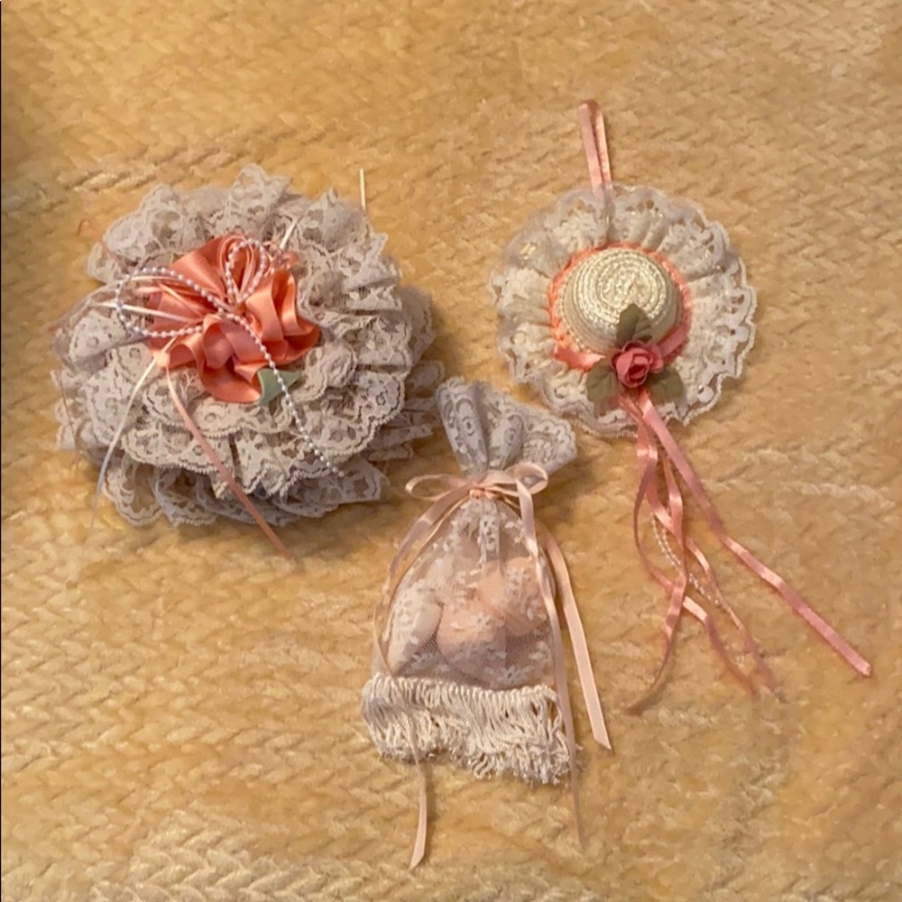 Lace covered hat, soap bag and container